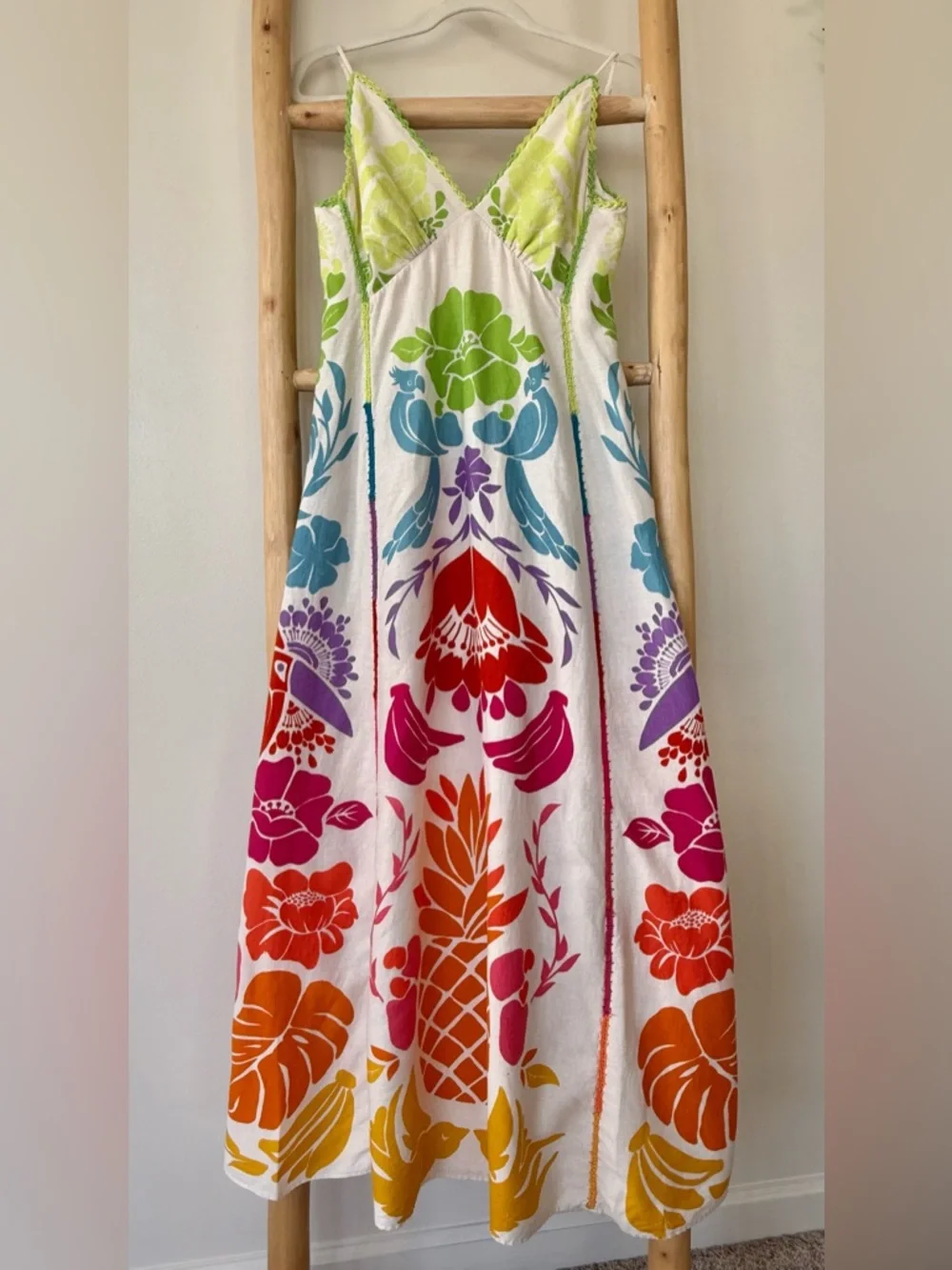FARM Rio Colorful Tropical Pineapple Graphic Linen Blend Strappy Maxi Dress S - Picture 5 of 16